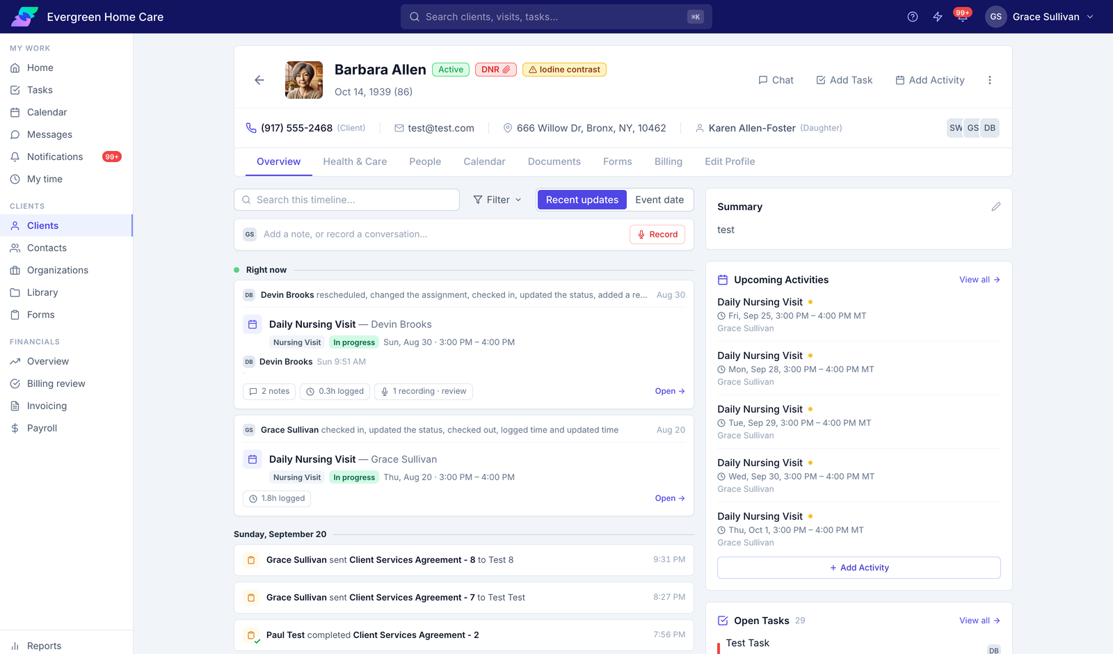 A client record in Care Flow: the timeline of visits, notes and agreements, a summary, upcoming activities, and open tasks