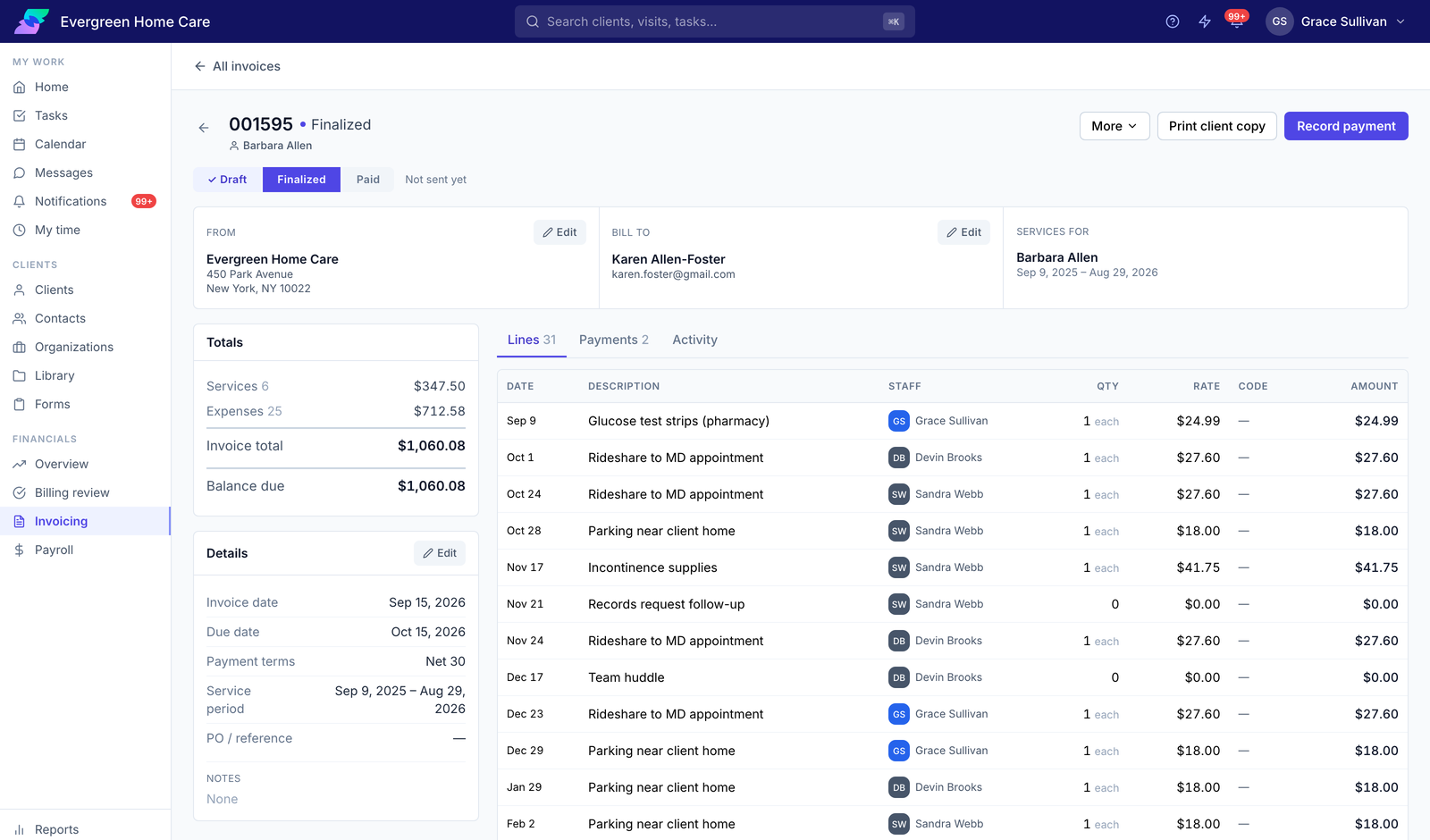 A finalized invoice in Care Flow: totals, invoice details, and the line items with staff, quantity, rate, and amount