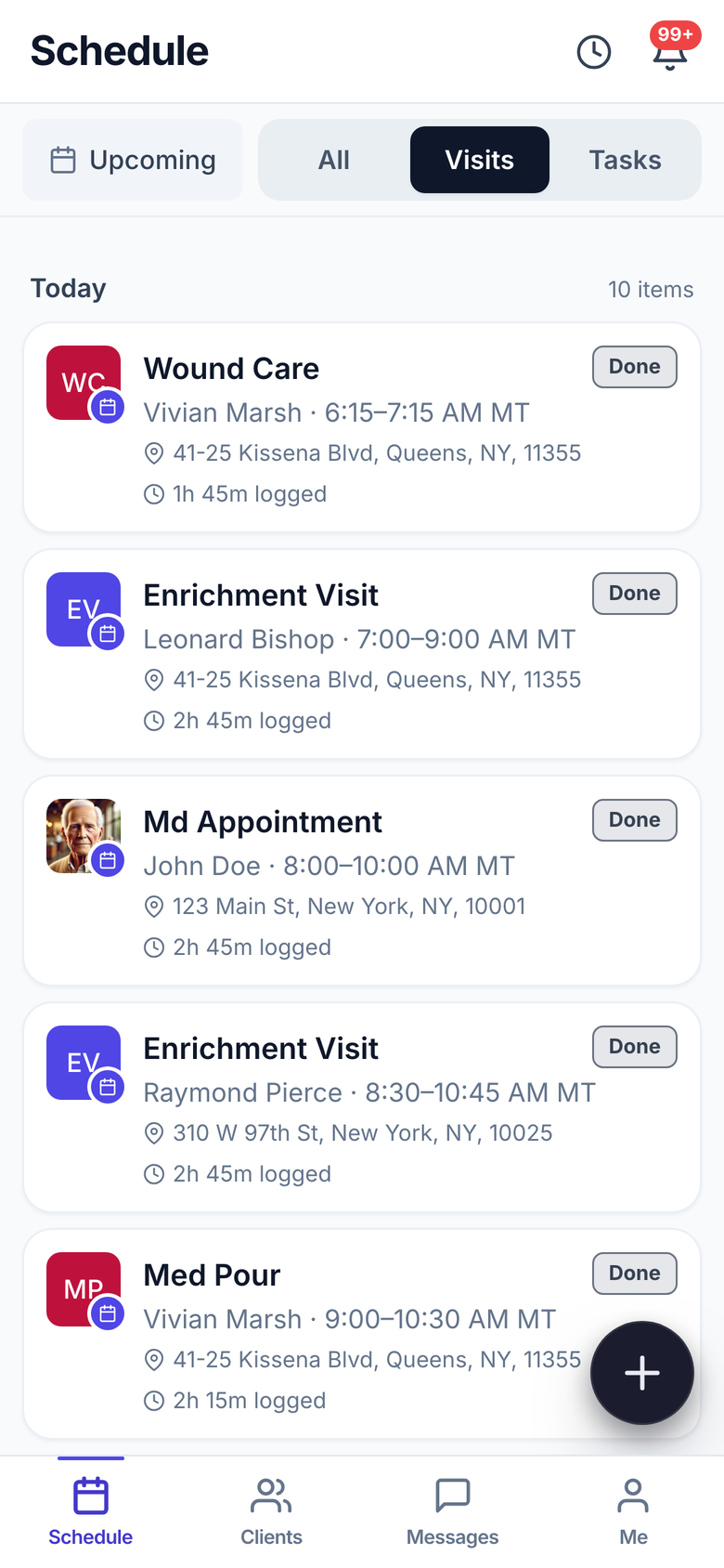 The Care Flow mobile app schedule: overdue tasks and the day's visits