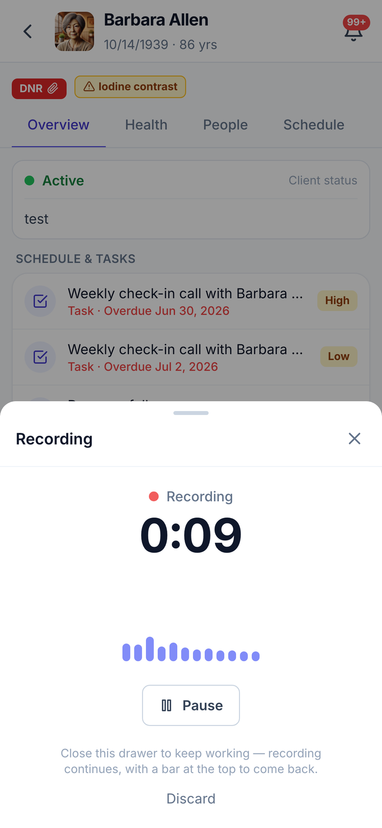 The Care Flow recording drawer on a phone: a red Recording label, a running stopwatch, a live level meter, and a Pause button